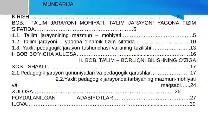 TA’LIM JARAYONI YAXLIT TIZIM SIFATIDA. TA’LIM TAMOYILLARI 2