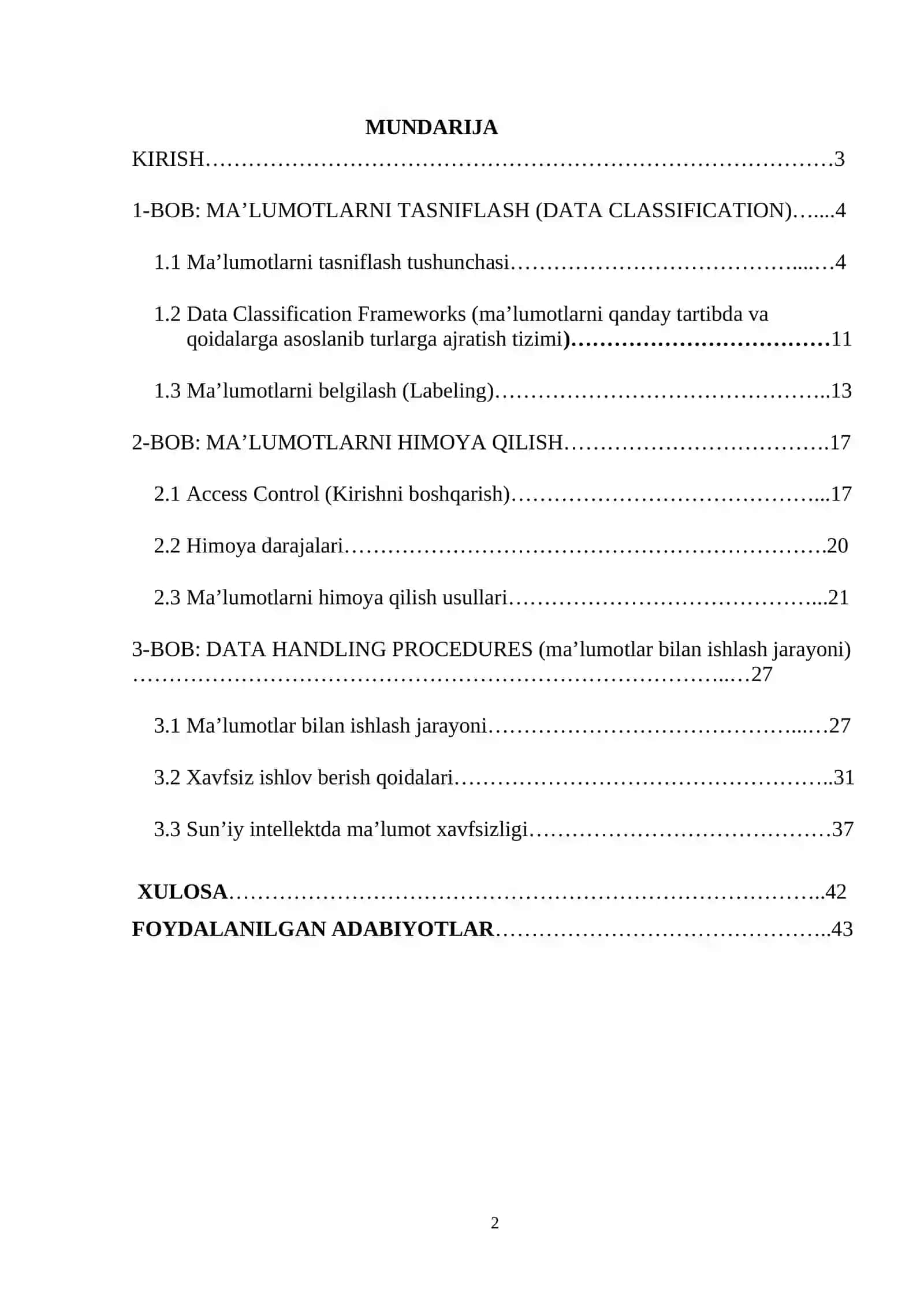 MA’LUMOTLARNI TASNIFLASH VA HIMOYA DARAJALARI 2