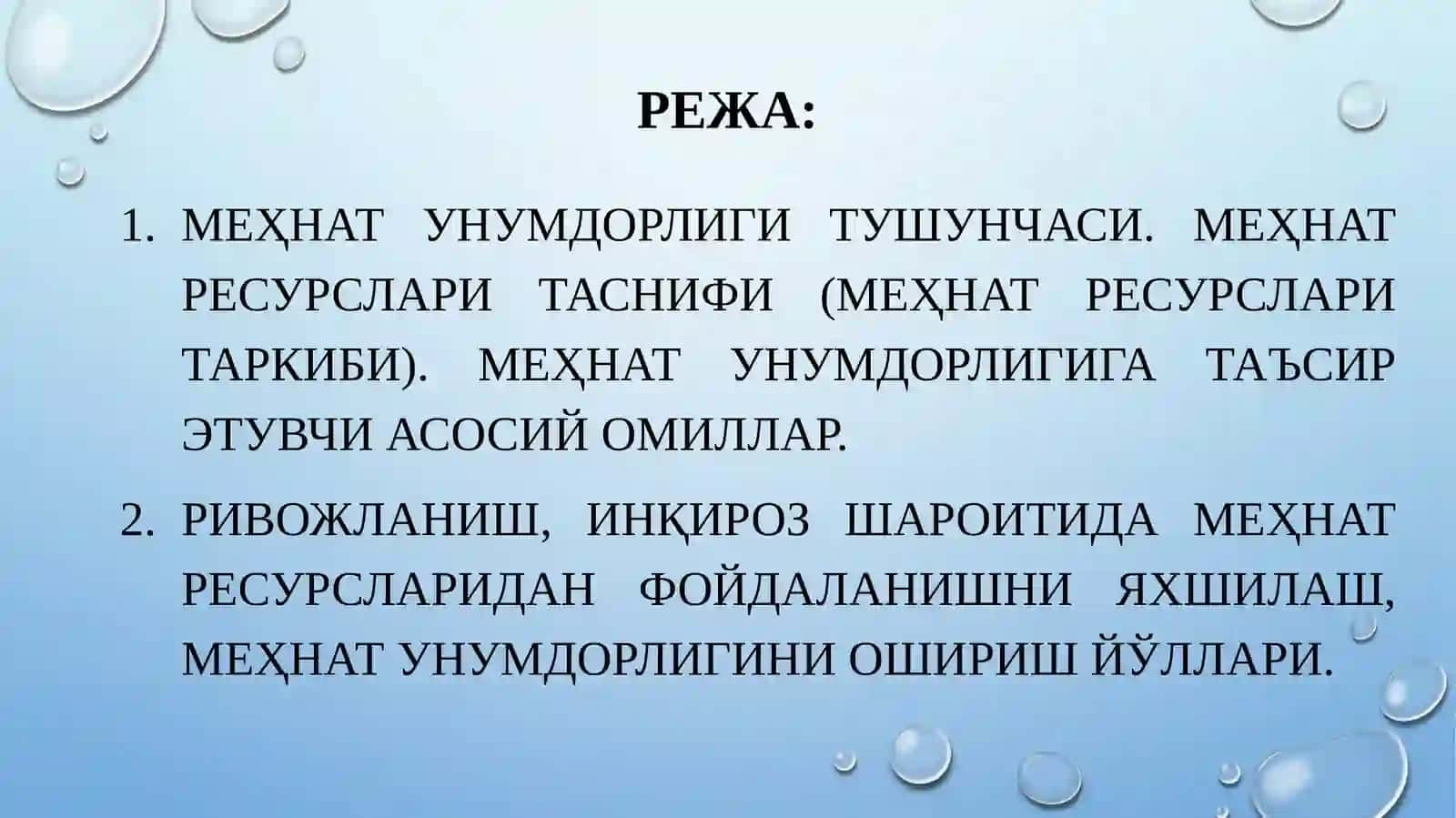 Меҳнат ресурслари, бозори, улардан фойдаланиш ва меҳнат унумдорлиги 2
