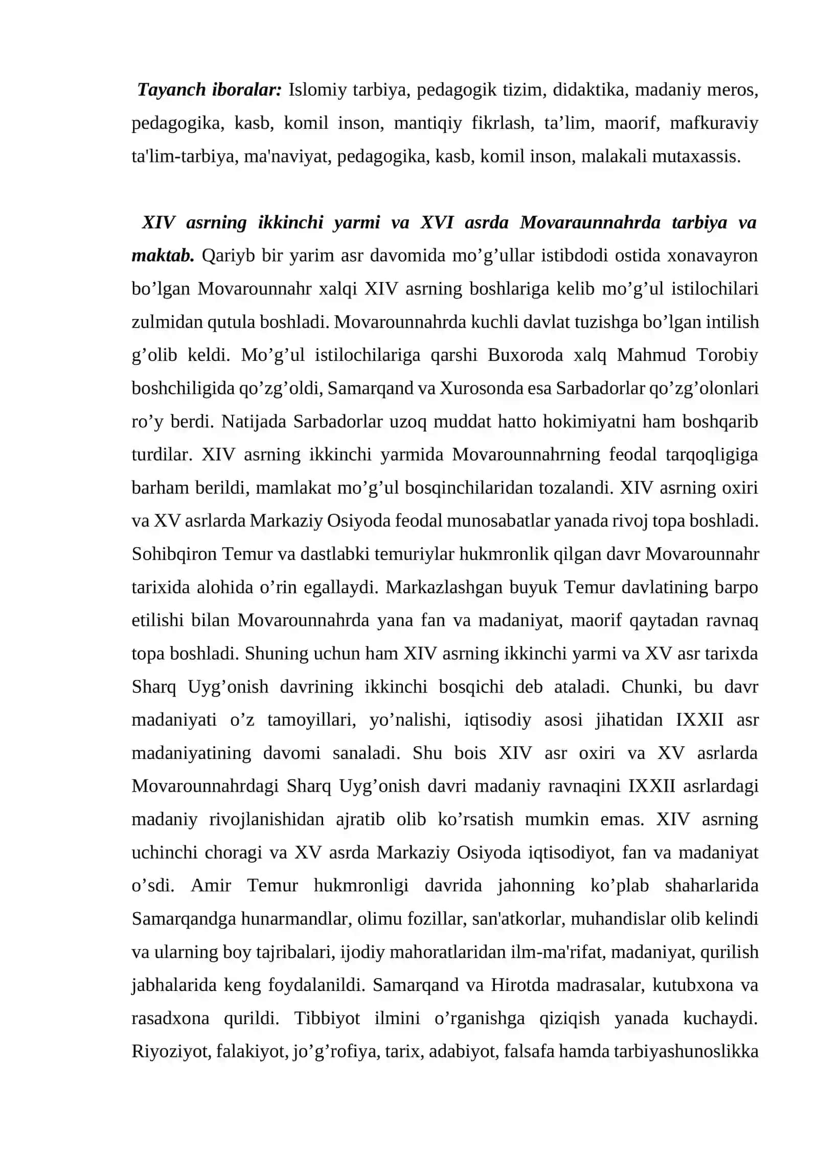 XIV asrning ikkinchi yarmi va XVI asrda Movarounnahrda boshlang’ich maktabda tarbiya 2
