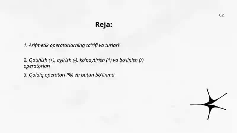 Dastulash fani: Arifmetika operatorlar. Math kitobxonasi. 2