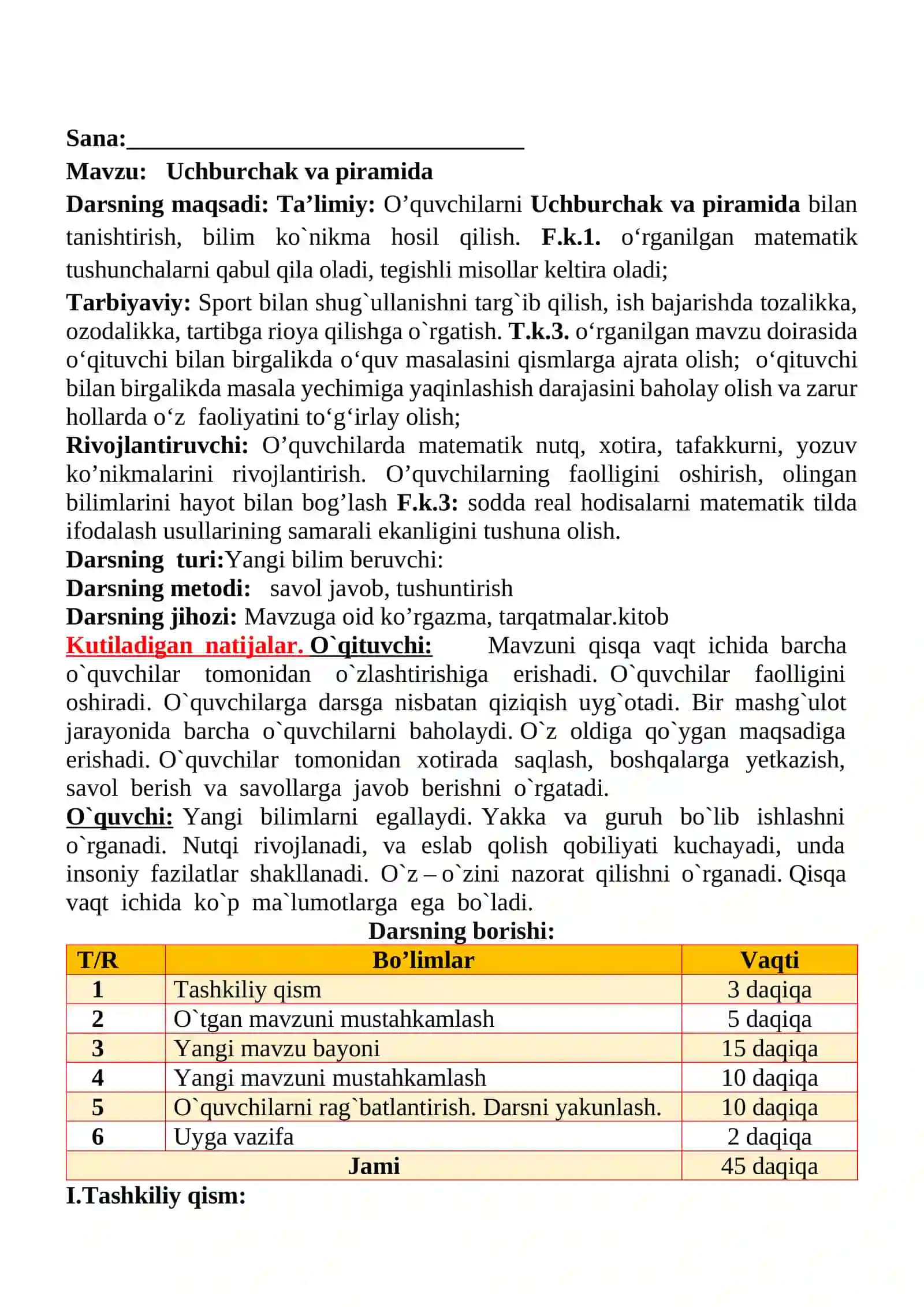 Uchburchak va piramida mavzusida 4-sinf Matematika fanidan dars ishlanmasi 2