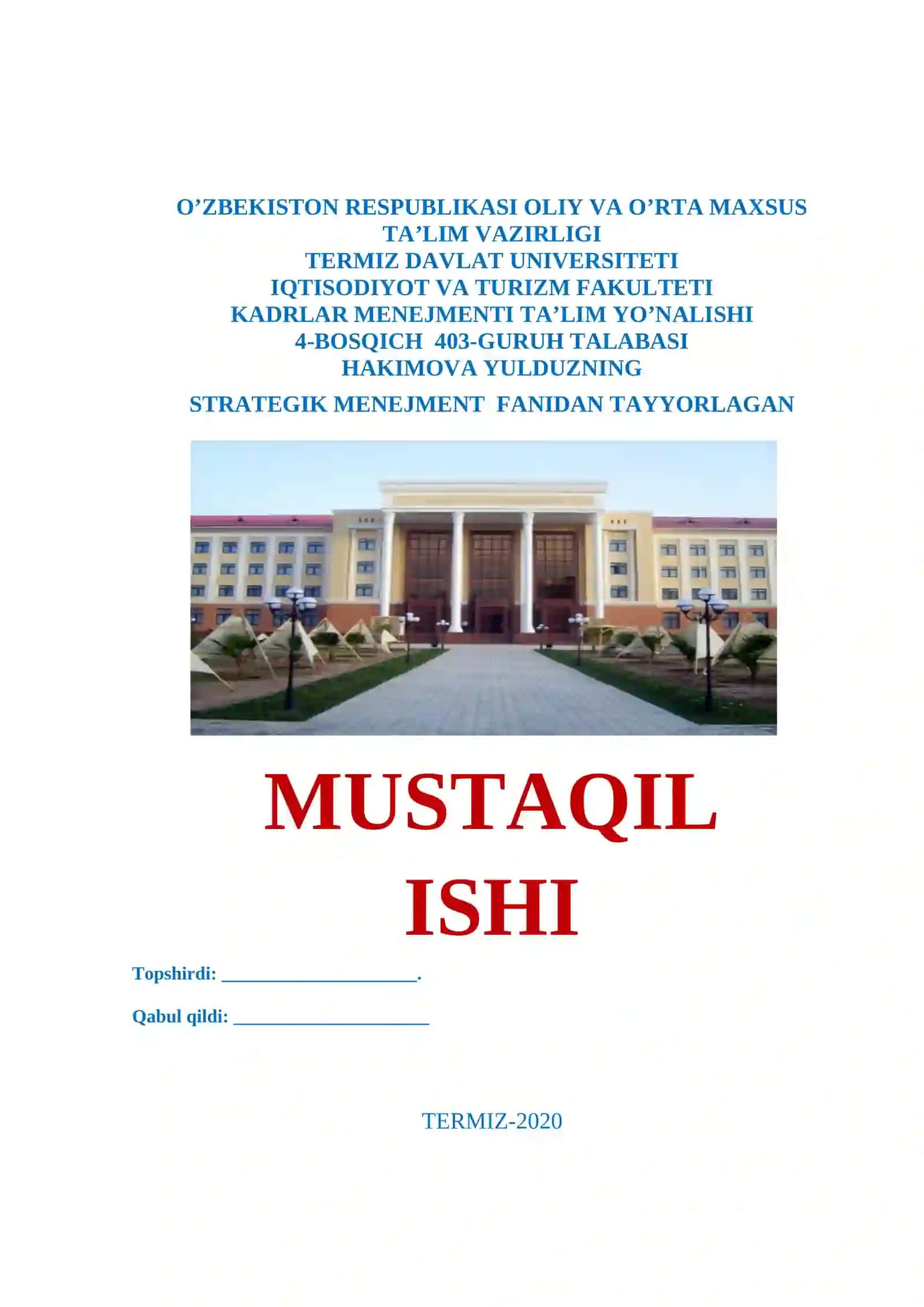STRATEGIK MENEJMENT FANIDAN TAYYORLAGAN MUSTAQIL ISHI 2