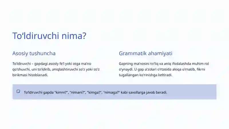 Toʻldiruvchi: O'zbek tili grammatikasining muhim qismi 2