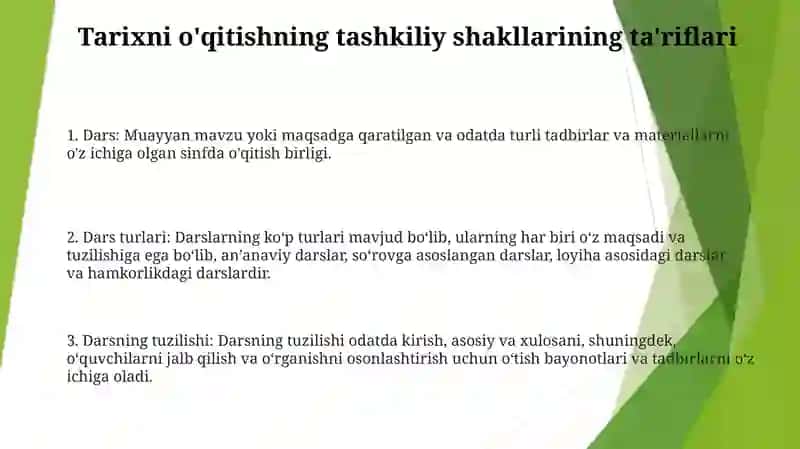 Tarix Fanini O’Qitishning Tashkiliy Shakillari. Dars, Uning Turlari Va Tuzilisi 2