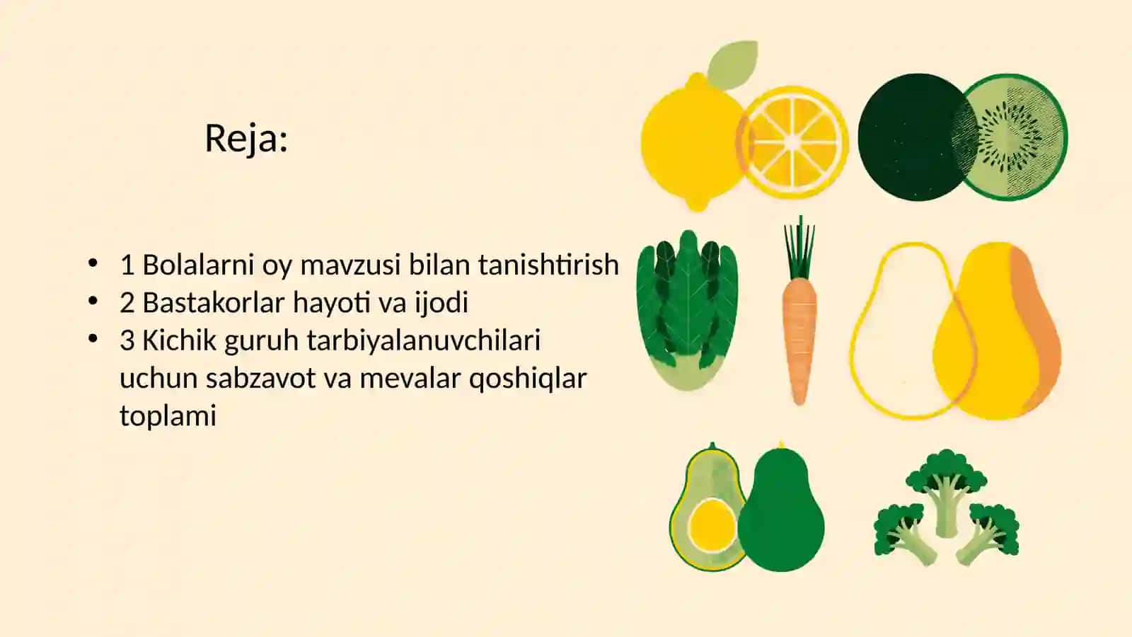 MTT kichik guruhi tarbiyalanuvchilari uchun oktyabr oyining ikkinchi haftasi "sabzavot va mevalar" mavzusi bilan bogʻliq qoʻshiqlarni toʻplash 2