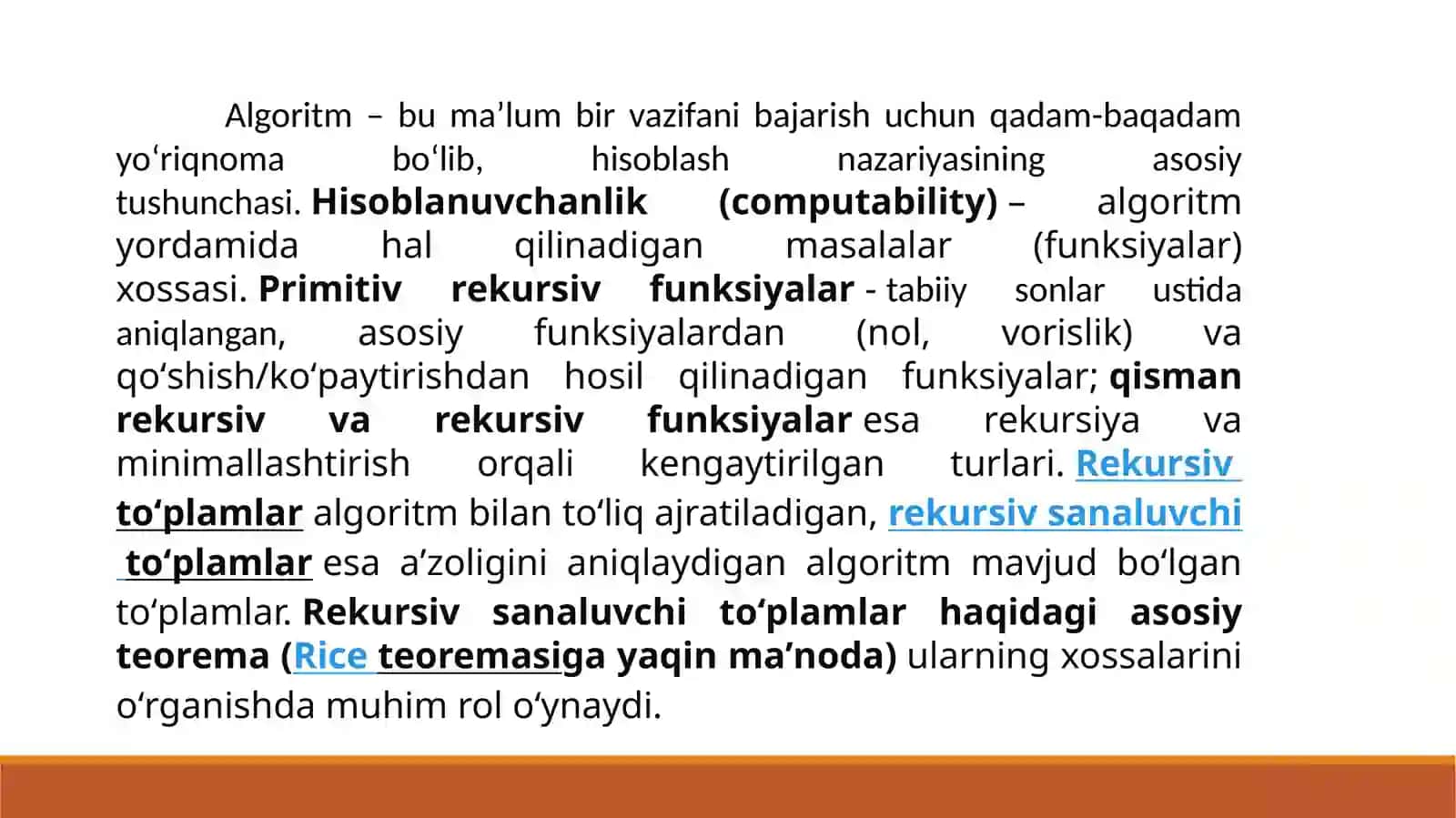 Algoritm tushunchasi.Hisoblanuvchanlik.Primitiv rekursiv funksiyalar. Qisman rekursiv va rekursiv funksiyalar. Rekursiv va rekursiv sanaluvchi to‘plamlar. Rekursiv sanaluvchi to‘plamlar haqida asosiyteorema 2