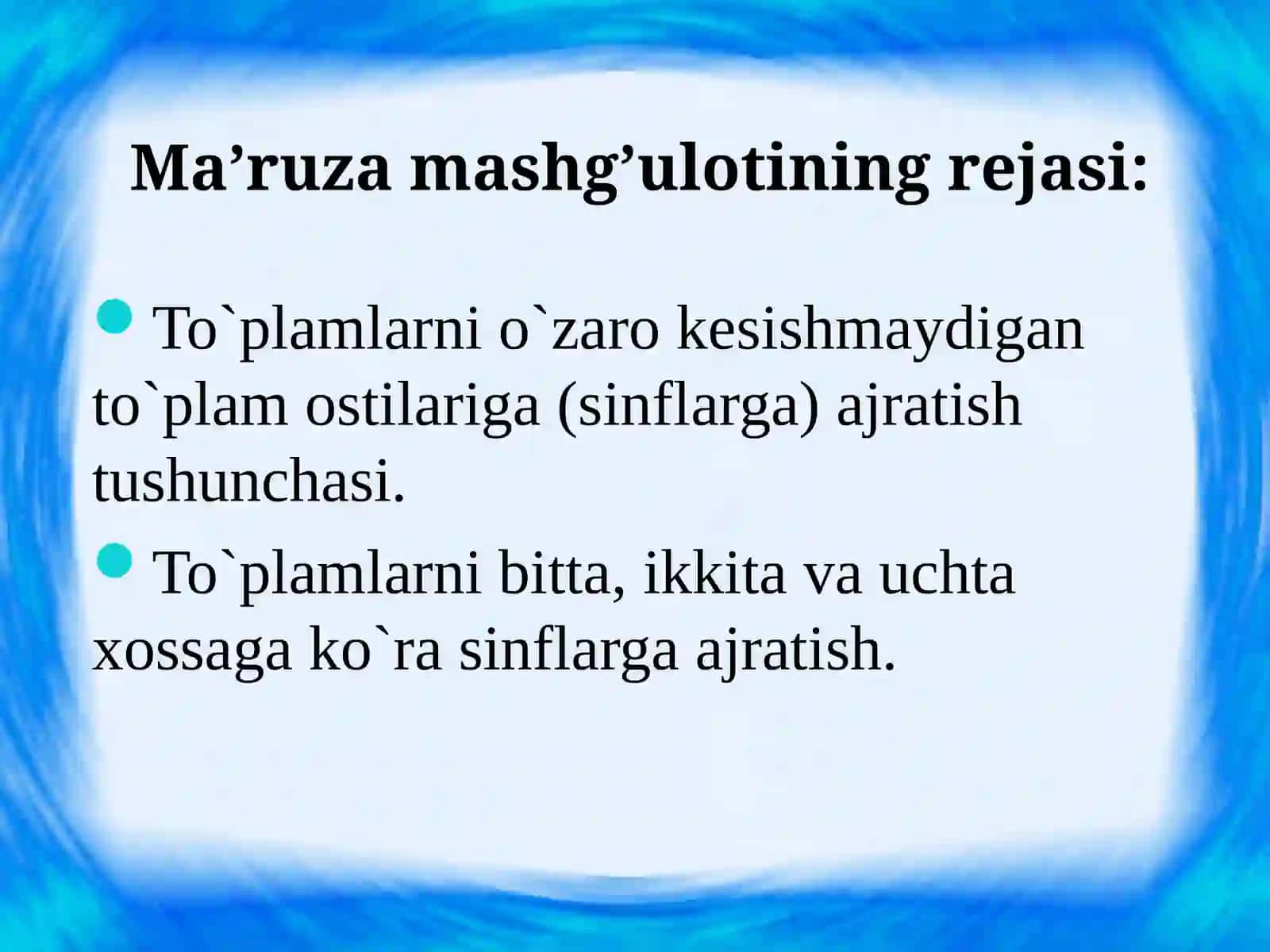 To`plamlarni o`zaro kesishmaydigan to`plam ostilariga (sinflarga) ajratish tushunchasi. To`plamlarni bitta, ikkita va uchta xossaga ko`ra sinflarga ajratish 2