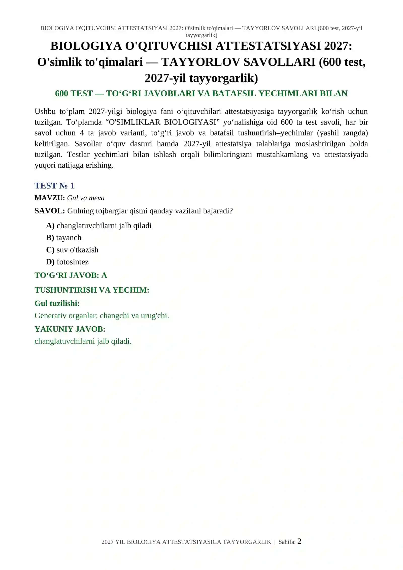 BIOLOGIYA O'QITUVCHISI ATTESTATSIYASI 2027: O'simlik to'qimalari — TAYYORLOV SAVOLLARI (600 test, 2027-yil tayyorgarlik) 2