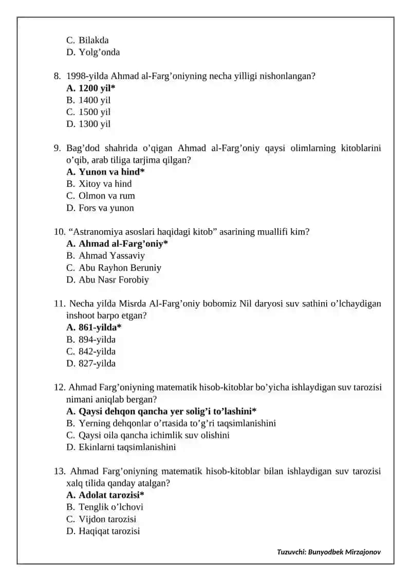 4-sinf “Tarbiya” fanidan test 2