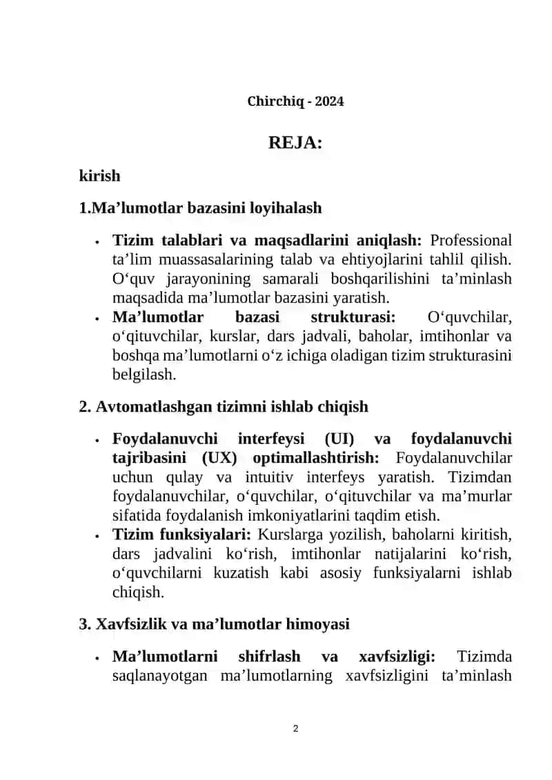 Professional ta’lim muassasalari uchun ma’lumotlar bazasini va avtomatlashgan tizimni ishlab chiqish 2