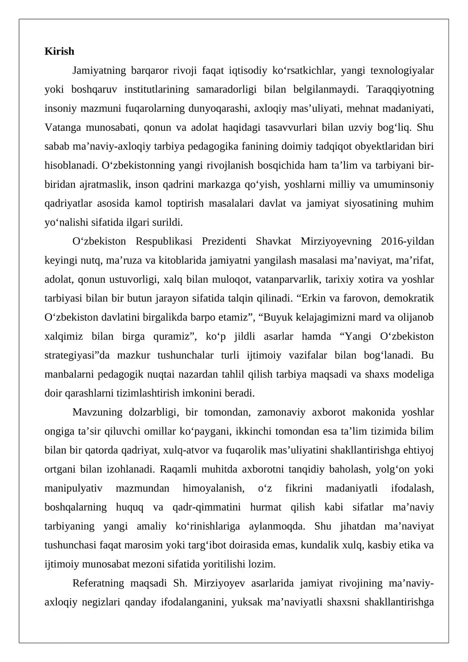 Sh. Mirziyoyev asarlarida jamiyat rivojining ma’naviy-axloqiy negizlari va yuksak ma’naviyatli shaxsni shakllantirishga doir konseptual fikrlarning ifoda etilishi 2