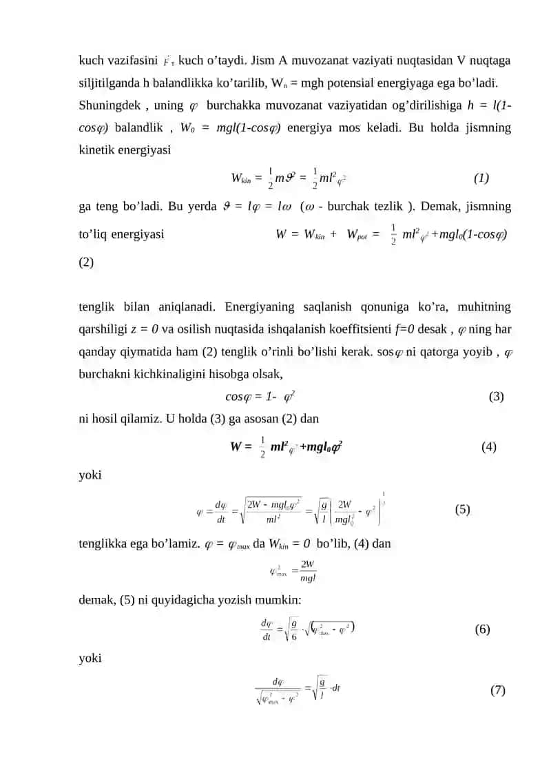 MATEMATIK MAYATNIKNING TEBRANISH QONUNLARINI O’RGANISH VA OG’IRLIK KUCHI TEZLANISHINI ANIQLASH 2