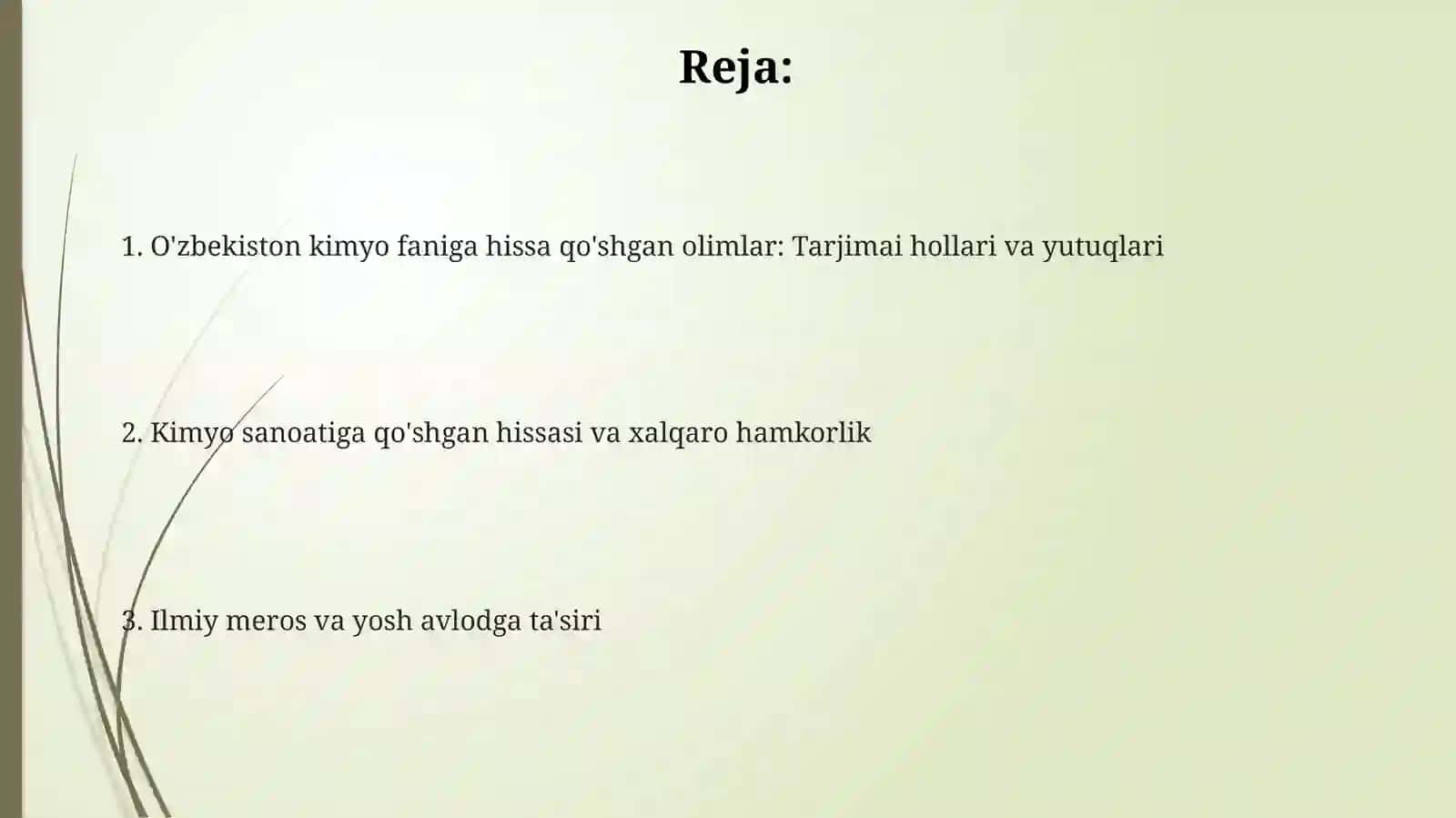 Kimyofani rivojlantirishidagi Oʻzbekiston respublikasi olamlari 2