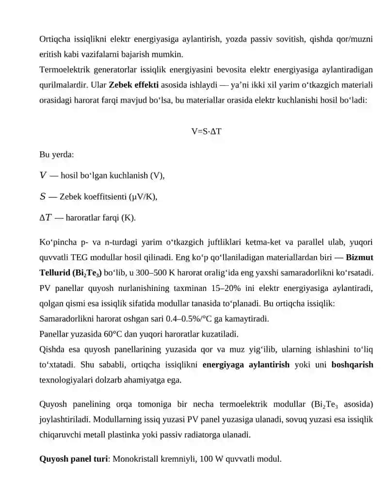Quyosh Fotoelektrik Modullar va Termoelektrik Generatorlar Integratsiyasi 2