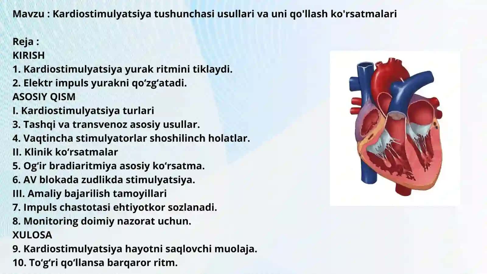 Mustaqil ish - Kardiostimulyatsiya tushunchasi usullari va uni qo'llash ko'rsatmalari 2