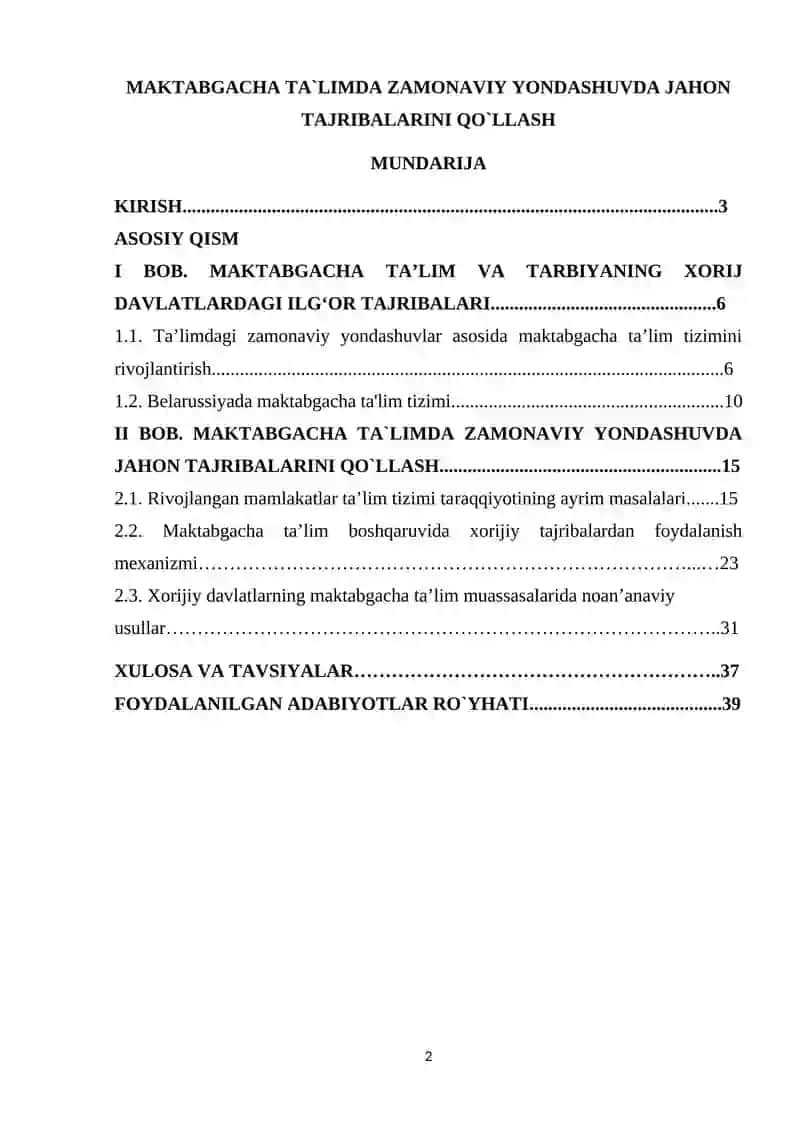 MAKTABGACHA TA`LIMDA ZAMONAVIY YONDASHUVDA JAHON TAJRIBALARINI QO`LLASH KURS ISHI 2