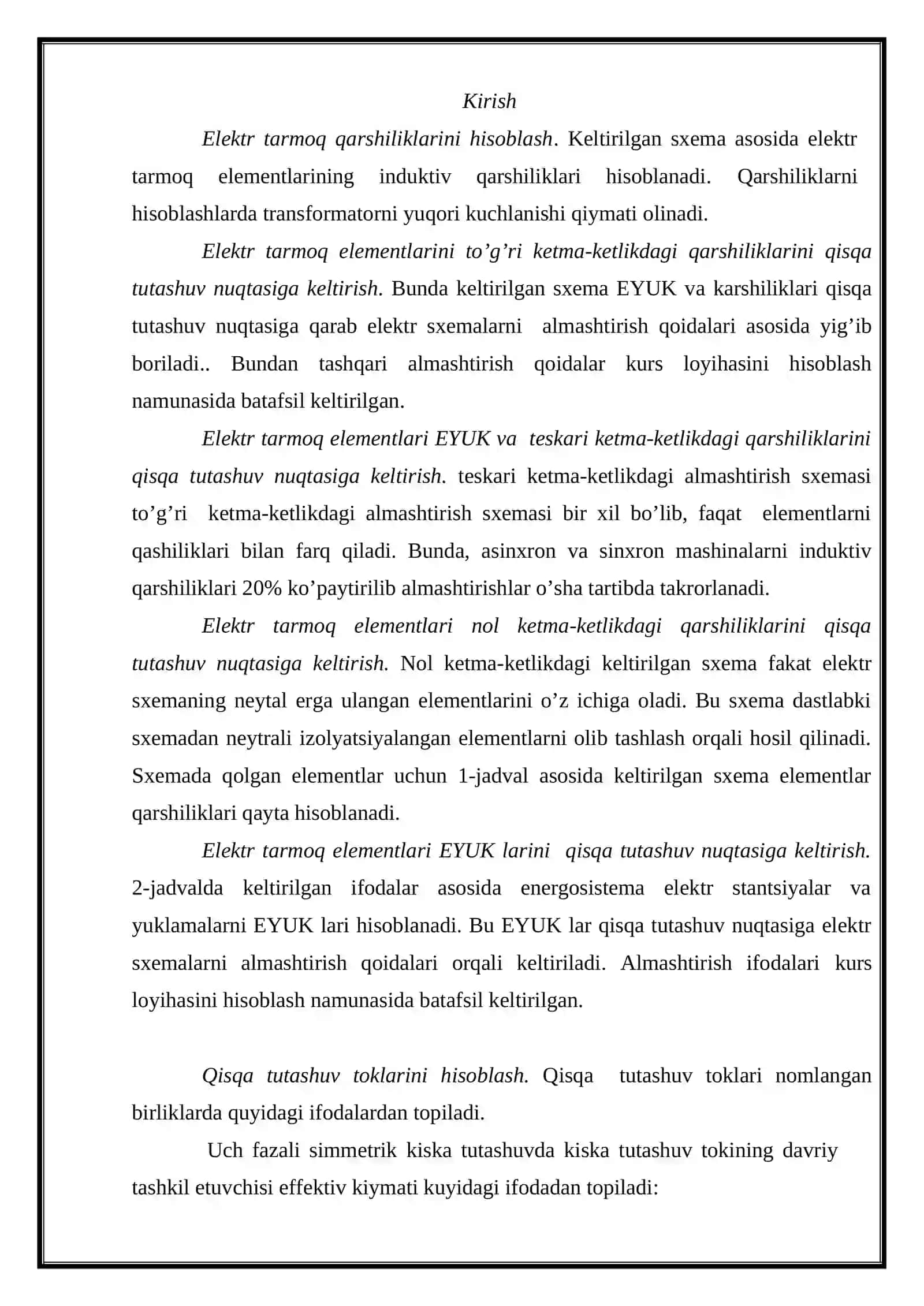 Yuqori kuchlanishli tarmoqlari qisqa tutashuv toklarini hisoblash 2