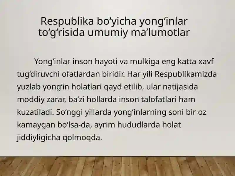 Respublika bo'yicha yong'inlar sodir bo'lishi va ularda ko'riladigan zararlar to'g'risida statistik ma'lumotlar tahlili 2