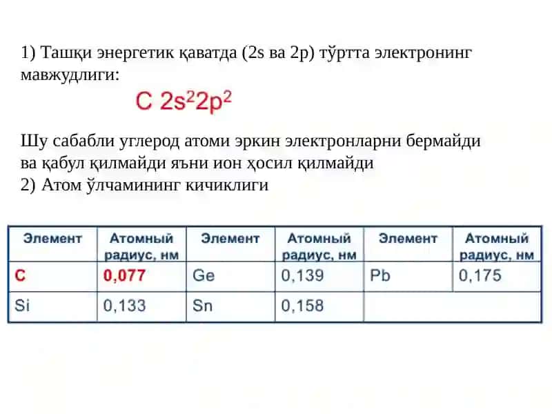 Углерод ва азот атомларининг даврий системадаги ўрни ва бирикмалари 2