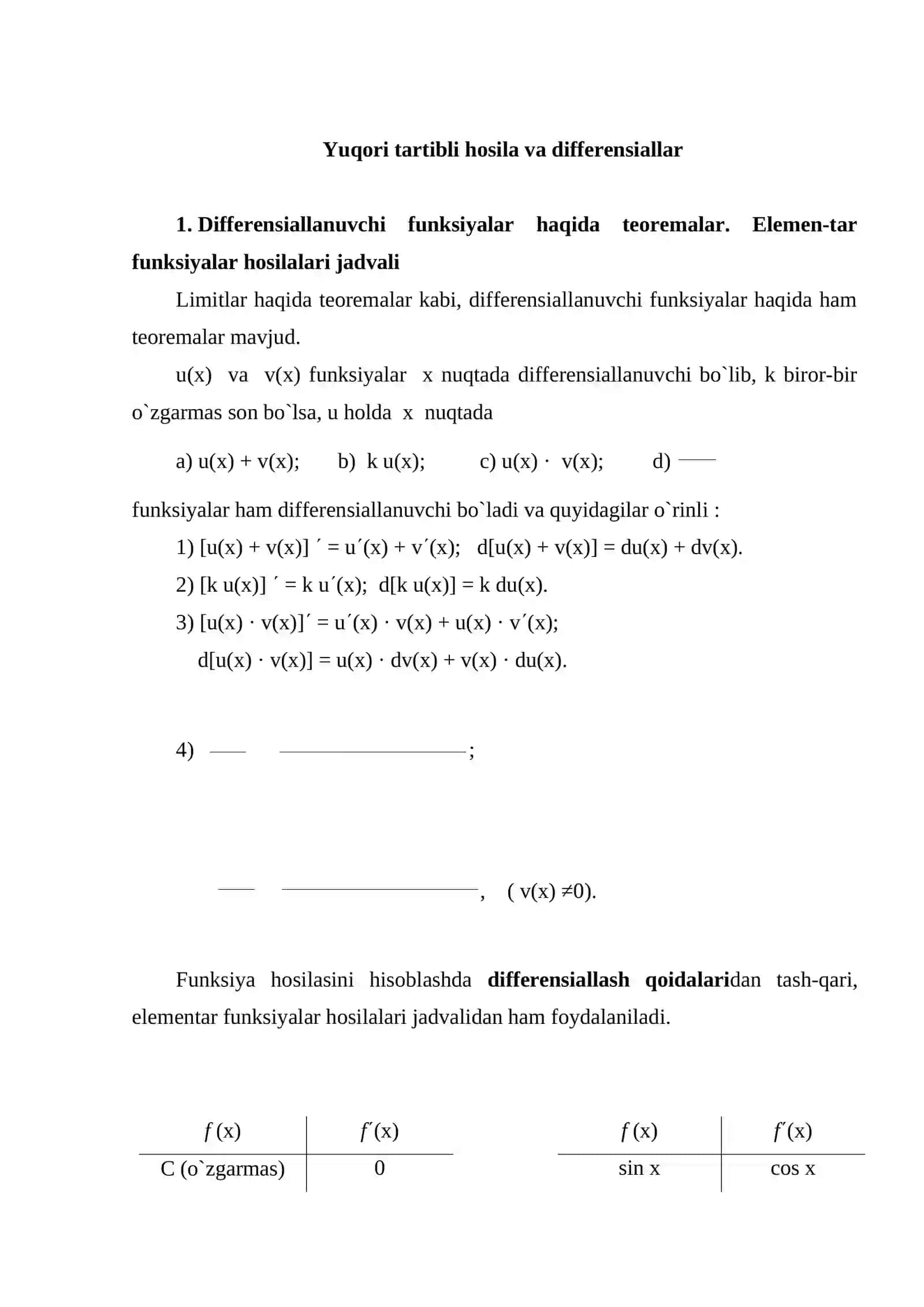 Hosila va differensialni hisoblash qoidalari 2
