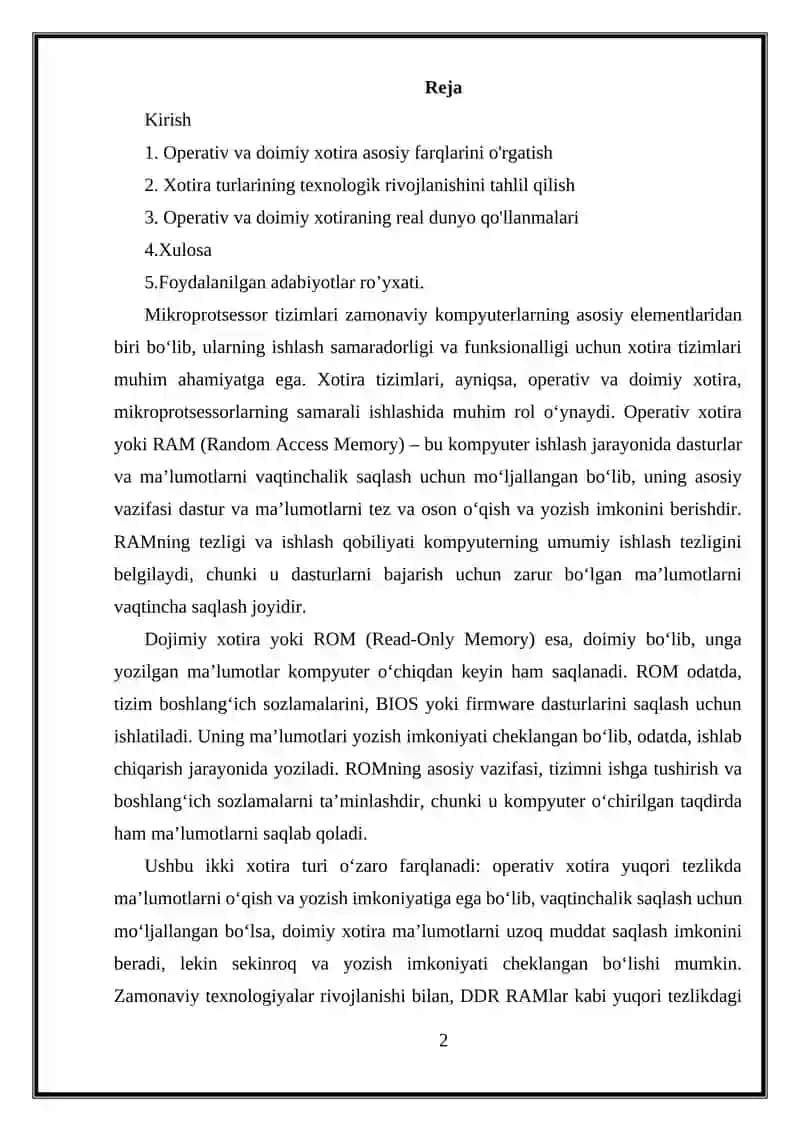 Mikroprotsessor tizimi xotirasi. Operativ va doimiy xotirani taqqoslash.. 2