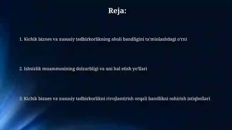 Aholinining bandlik muammosini tashkil etishda kichik biznes va xususiy tadbirkorlikni o'rni 2