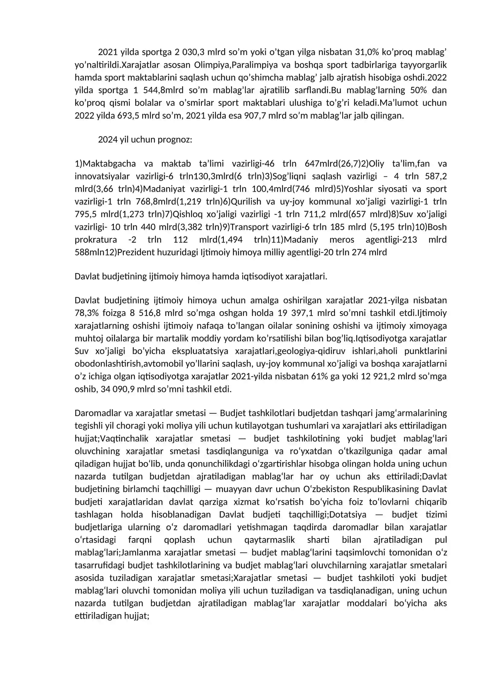 Davlat budjetining madaniyat,sport, ijtimoiy va iqtisodiy xarajatlari 2