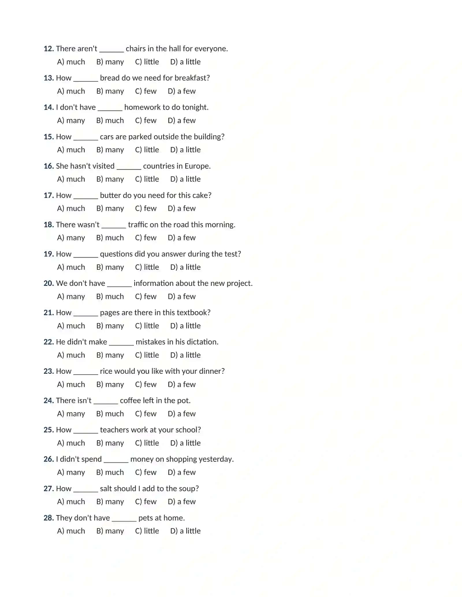 INGLIZ TILI GRAMMATIKASI: MUCH / MANY / HOW MUCH / HOW  MANY  mavzusi bo'yicha 100 talik test javoblari bilan 2