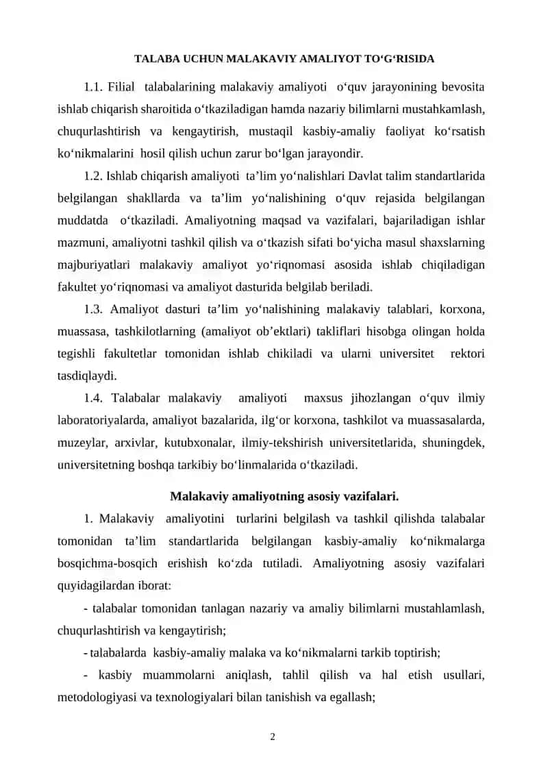 Amaliyot kundaligi (tayyor namuna) 2