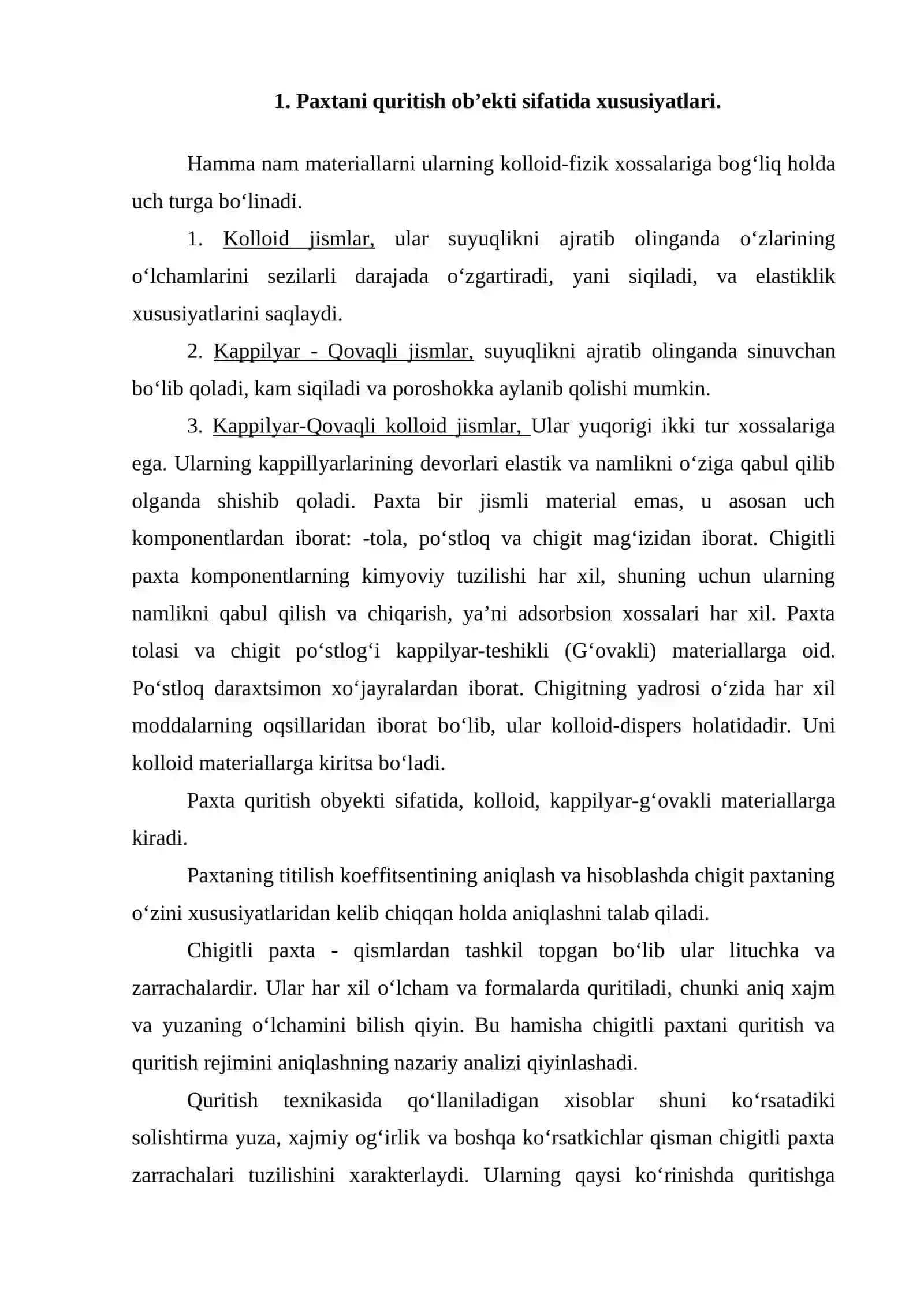 Paxtani quritish ob’ekti sifatida xususiyatlari 2