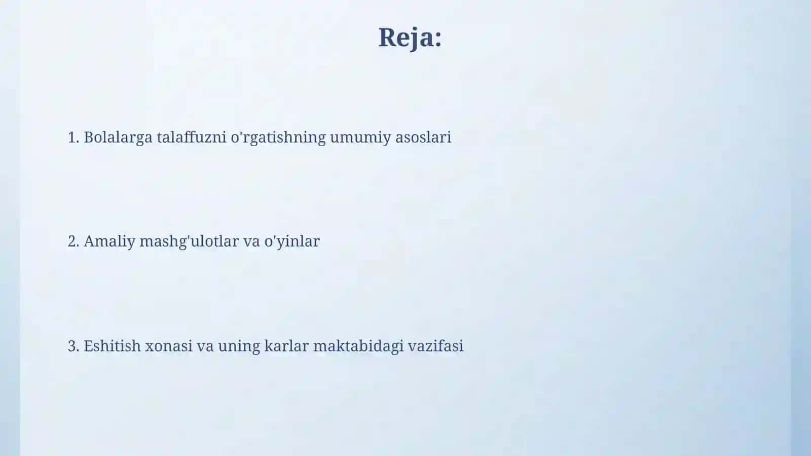 Karlarni talafuzga oʻrgatishni umumiy asosi.Zaif eshituvchilar maktabida eshituv xonasi va vazifasi 2
