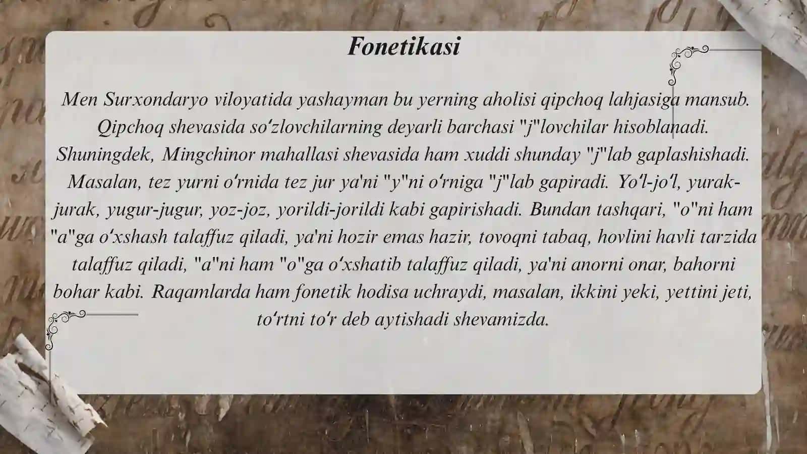 Surxondaryo viloyati Jarqo‘rg‘on tumani Mingchinor mahallasi  shevasi 2