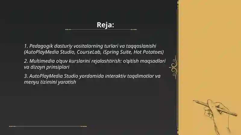 Pedagogik dasturiy vositalar (AutoPlayMedia Studio, CourseLab, iSpring Suite, Hot Potatoes va boshqalar) yordamida multimediali o’quv kurslarini yaratish 2