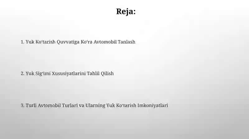 Avtomobillarni yuk ko'taruvchanligi bo'yicha tanlash 2
