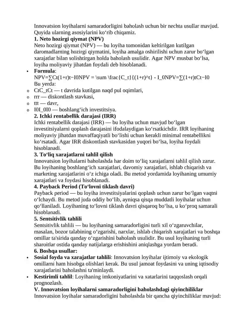 Innovatsion loyihalar va samaradorlikni baholash usullari 2