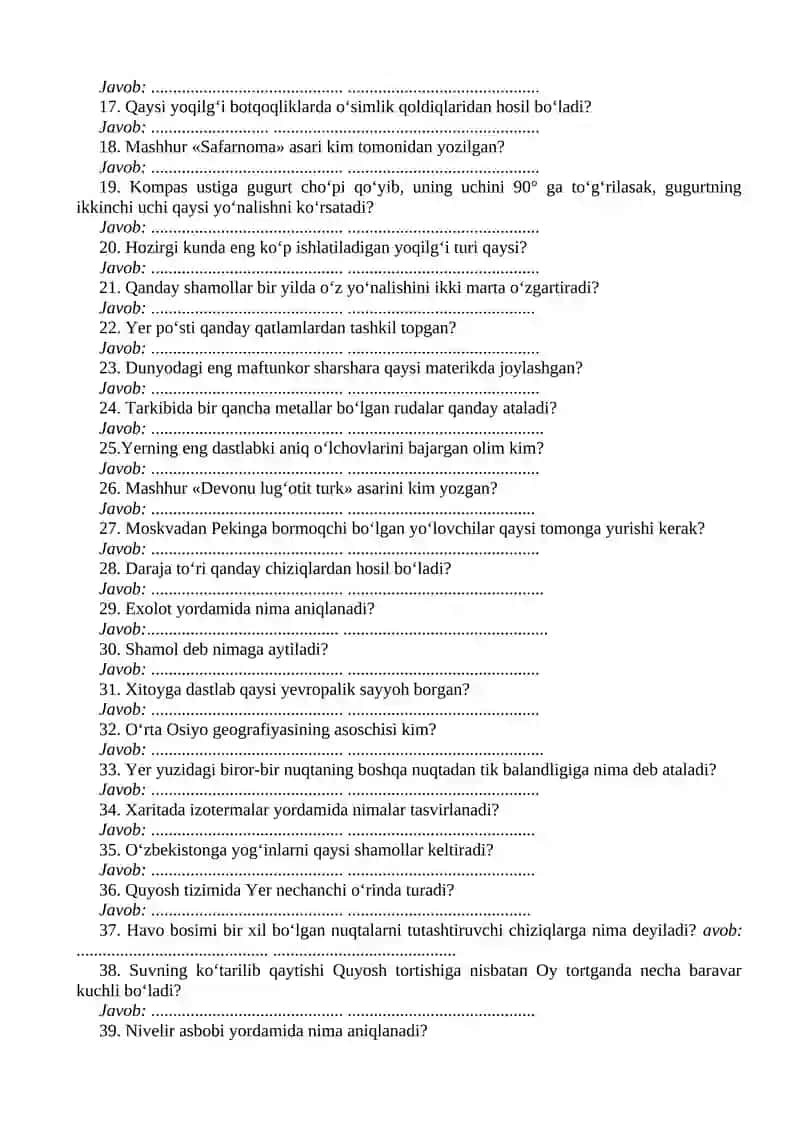 5-sinfi Tabiiy geografiya boshlang‘ich kursi test sinovi 2