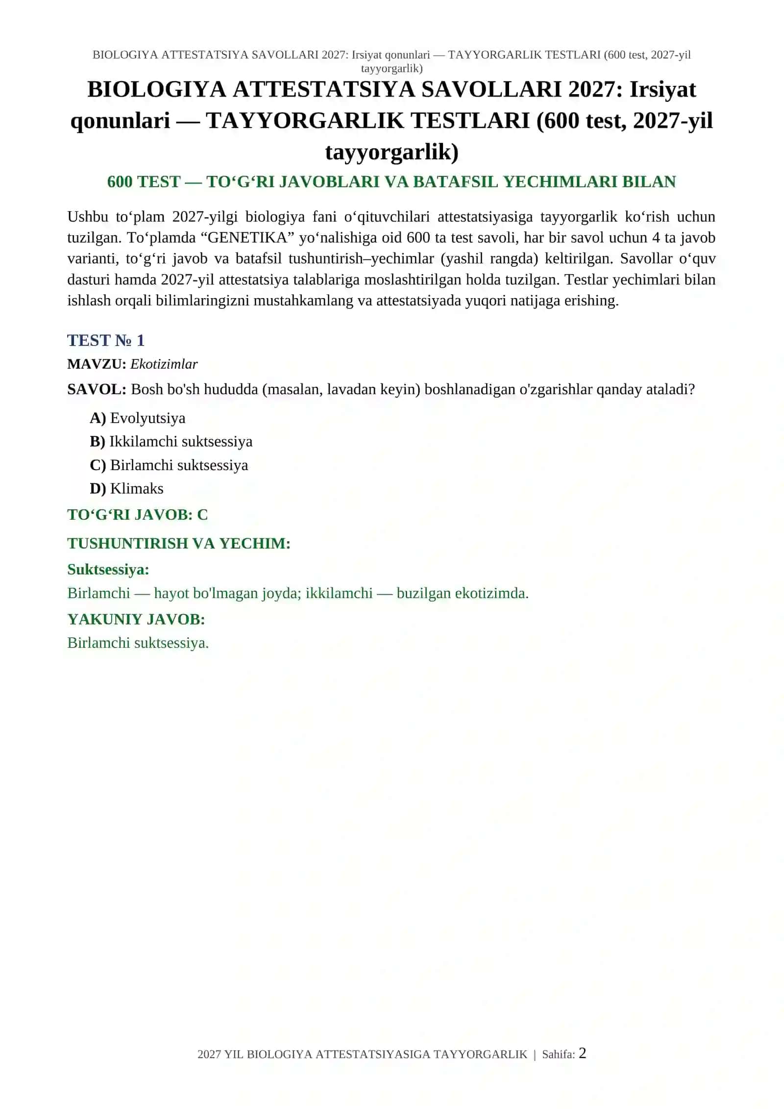 BIOLOGIYA ATTESTATSIYA SAVOLLARI 2027: Irsiyat qonunlari — TAYYORGARLIK TESTLARI (600 test, 2027-yil tayyorgarlik) 2
