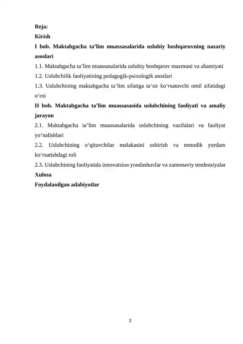 MAKTABGACHA TA'LIM MUASSASASI USLUBIY BOSHQARUVIDA USLUBCHI FAOLIYATINING O'ZIGA XOS XUSUSIYATLARI 2