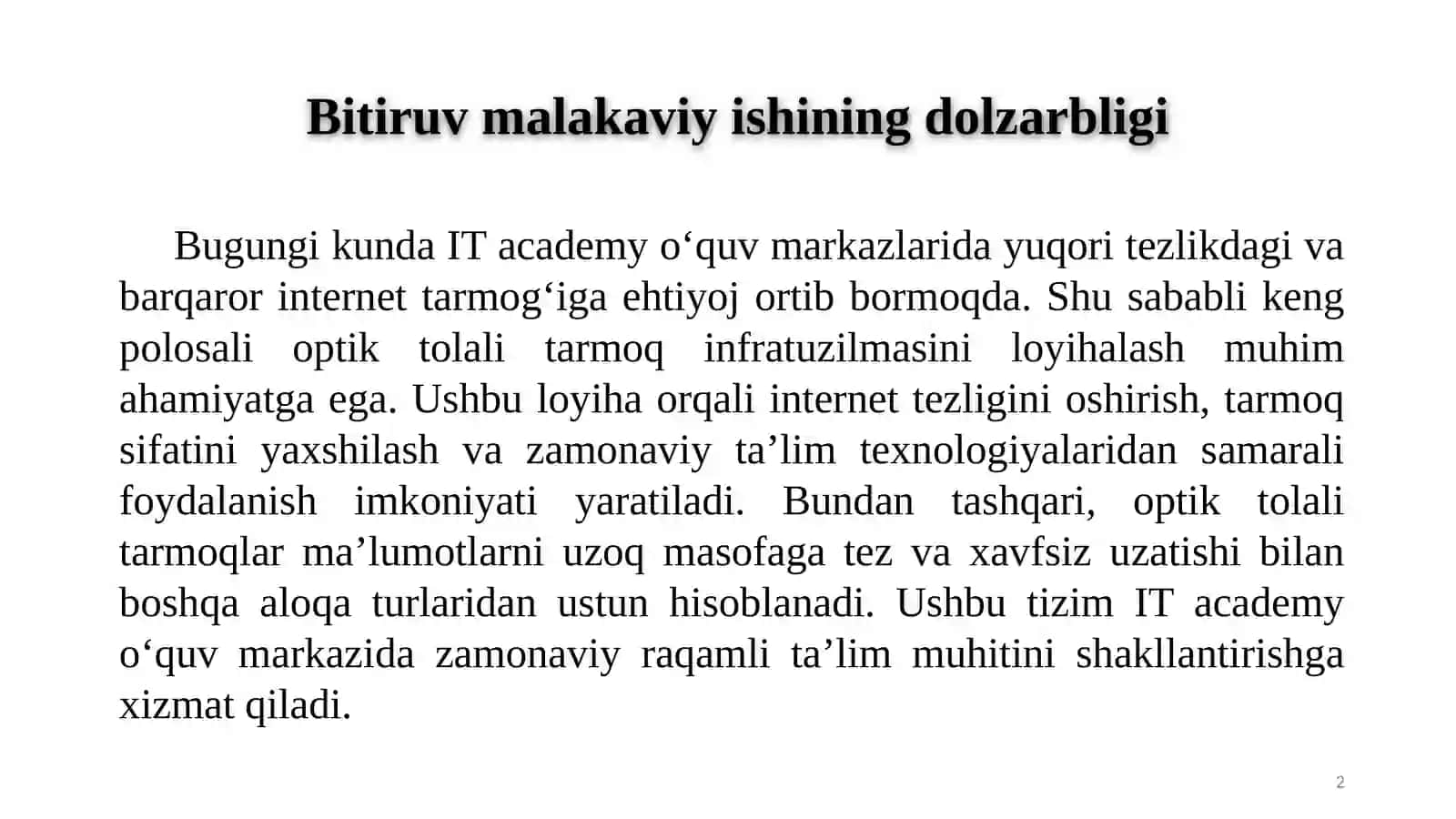 IT academy o'quv markazi uchun keng polosali optik tolali tarmoq infratuzilmasini loyihalash va uning samaradorligini baholash 2