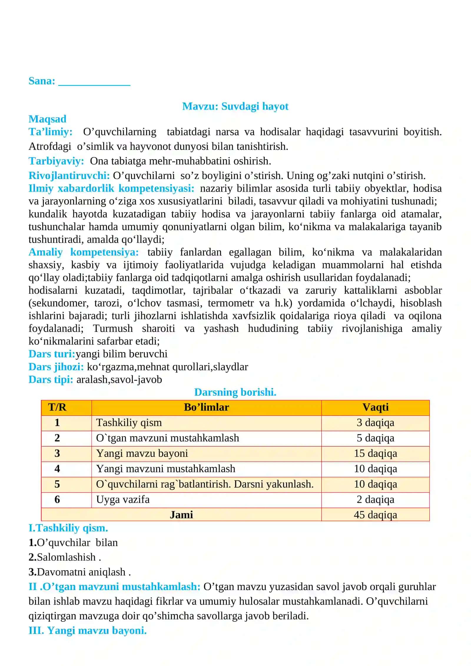 2-sinf Tabiiy fan (Science) Suvdagi hayot mavzusida dars ishlanma 2