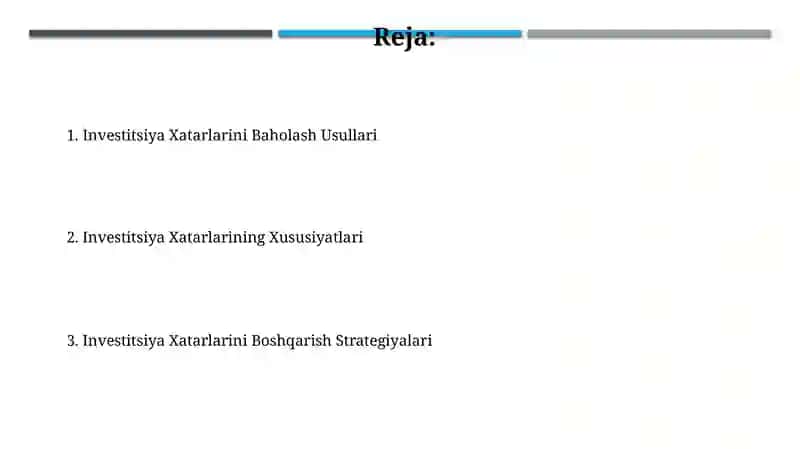 Investitsiya risklari xarakteristikasi va ularni boshqarish usullari 2
