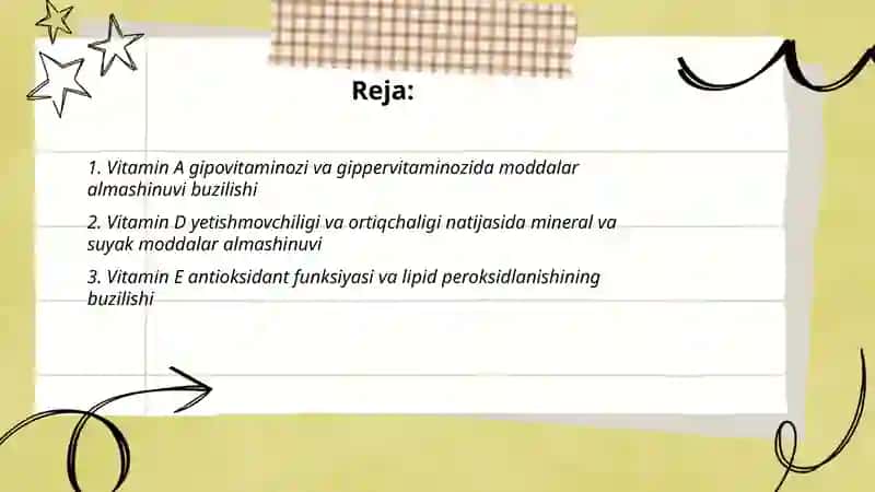 Gipovitaminoz va gippervitaminoz holatlarda moddalar almashinuvini buzilishi 2