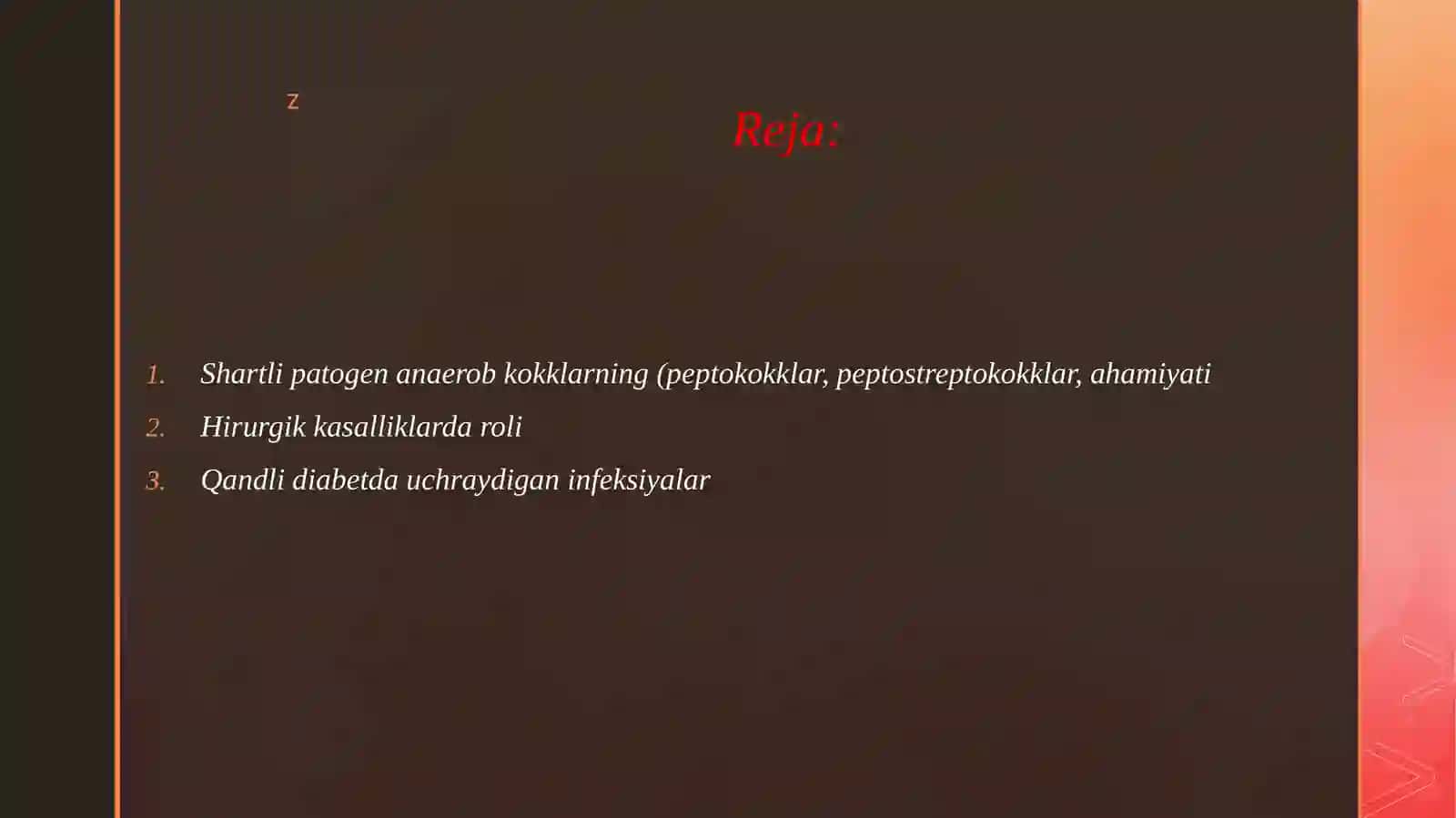 Shartli patogen anaerob kokklarni (peptokokklar, peptostreptokokklar, veylonellalalar) hirurgik va ginekologik kasalliklardagi ahamiyati. Qandli diabetda uchraydigan infeksiyalar, patogenez va laboratoriya tashhisi. 2
