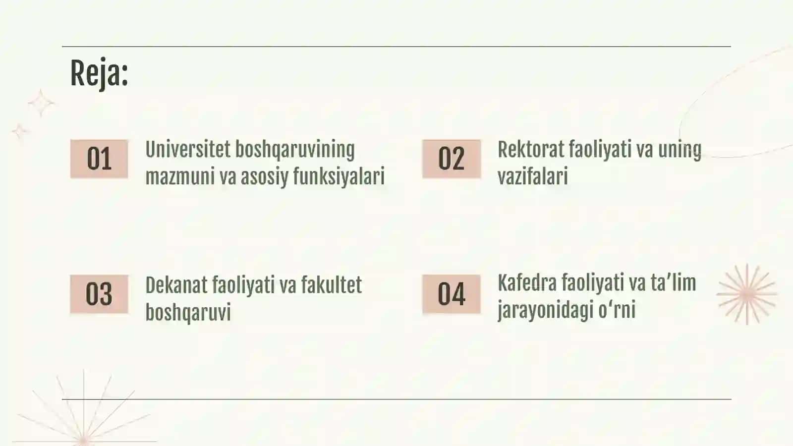 Universitet boshqaruvi asosiy funksiyalar va organlar. Rektorat, dekanat va kafedra faoliyati 2