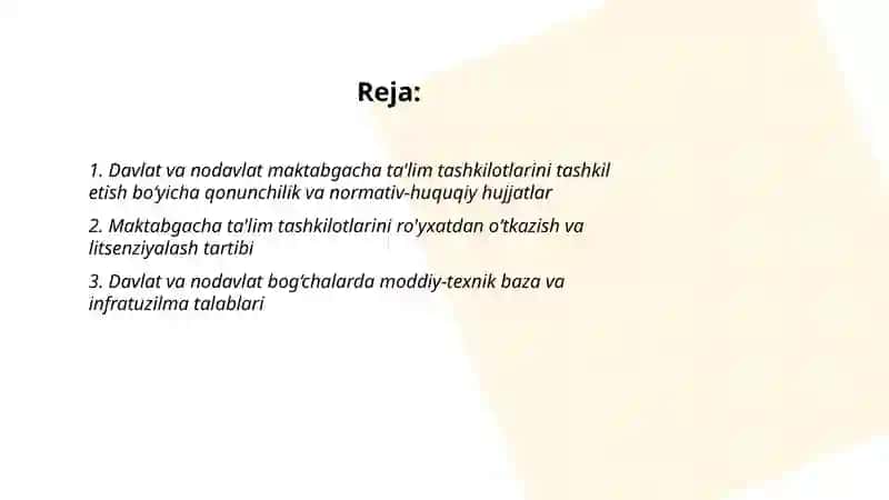 Umumiy turdagi davlat va nodavlat maktabgacha ta’lim tashkilotlarini tashkil etish 2