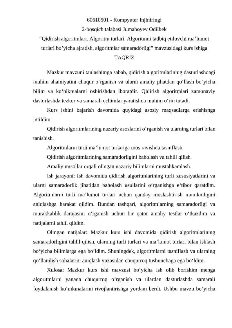 Qidirish algoritmlari. Algoritm turlari. Algoritmni tadbiq etiluvchi ma’lumot turlari bo’yicha ajratish, algoritmlar samaradorligi 2