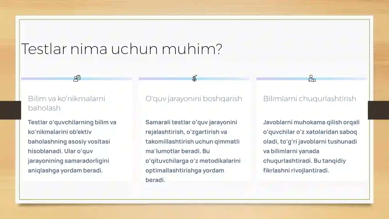Testlar tuzish va o‘tkazish javoblarini muxokama qilish 2