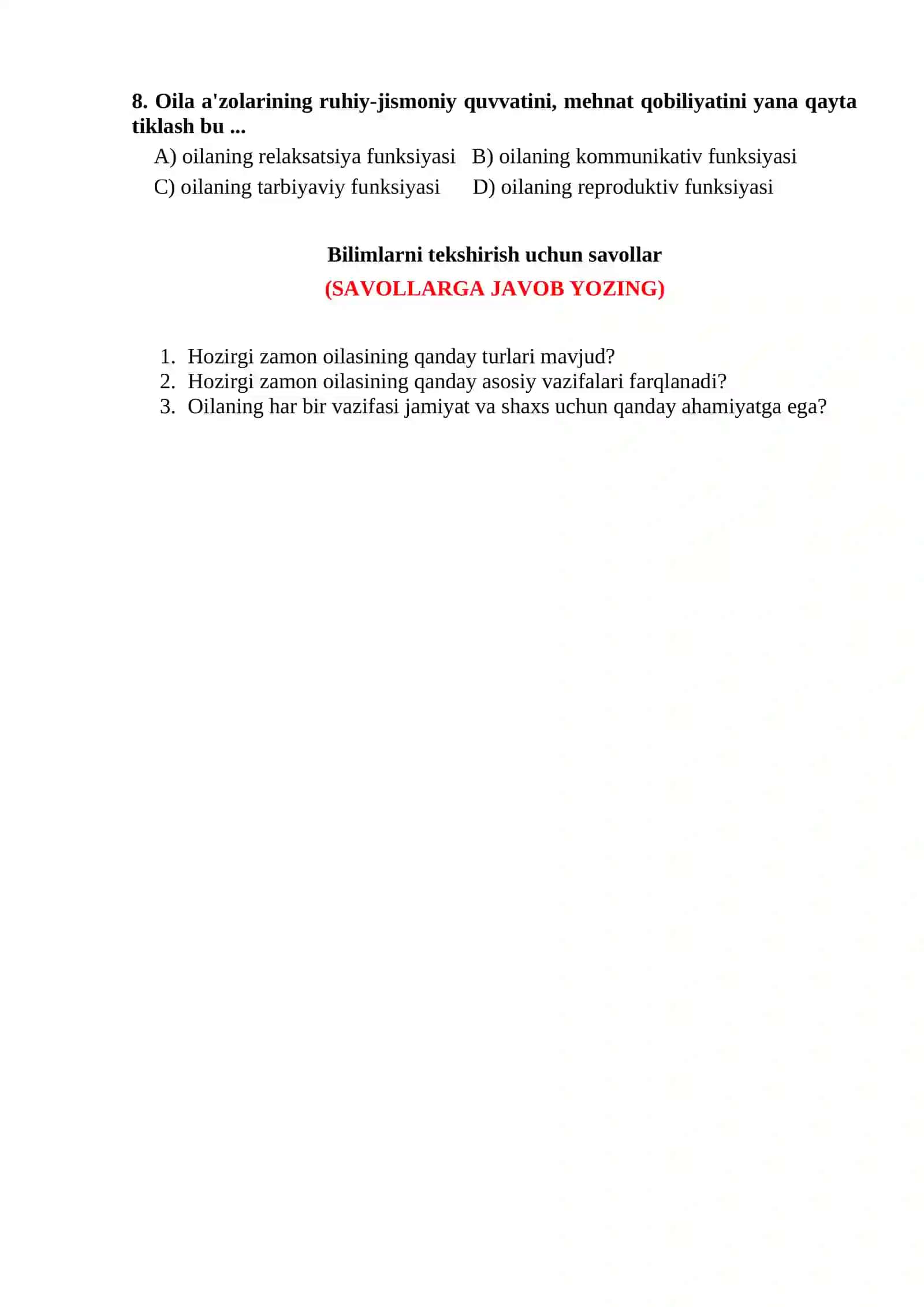 OILANING IJTIMOIY VAZIFALARI, OILAVIY ROLLAR 2