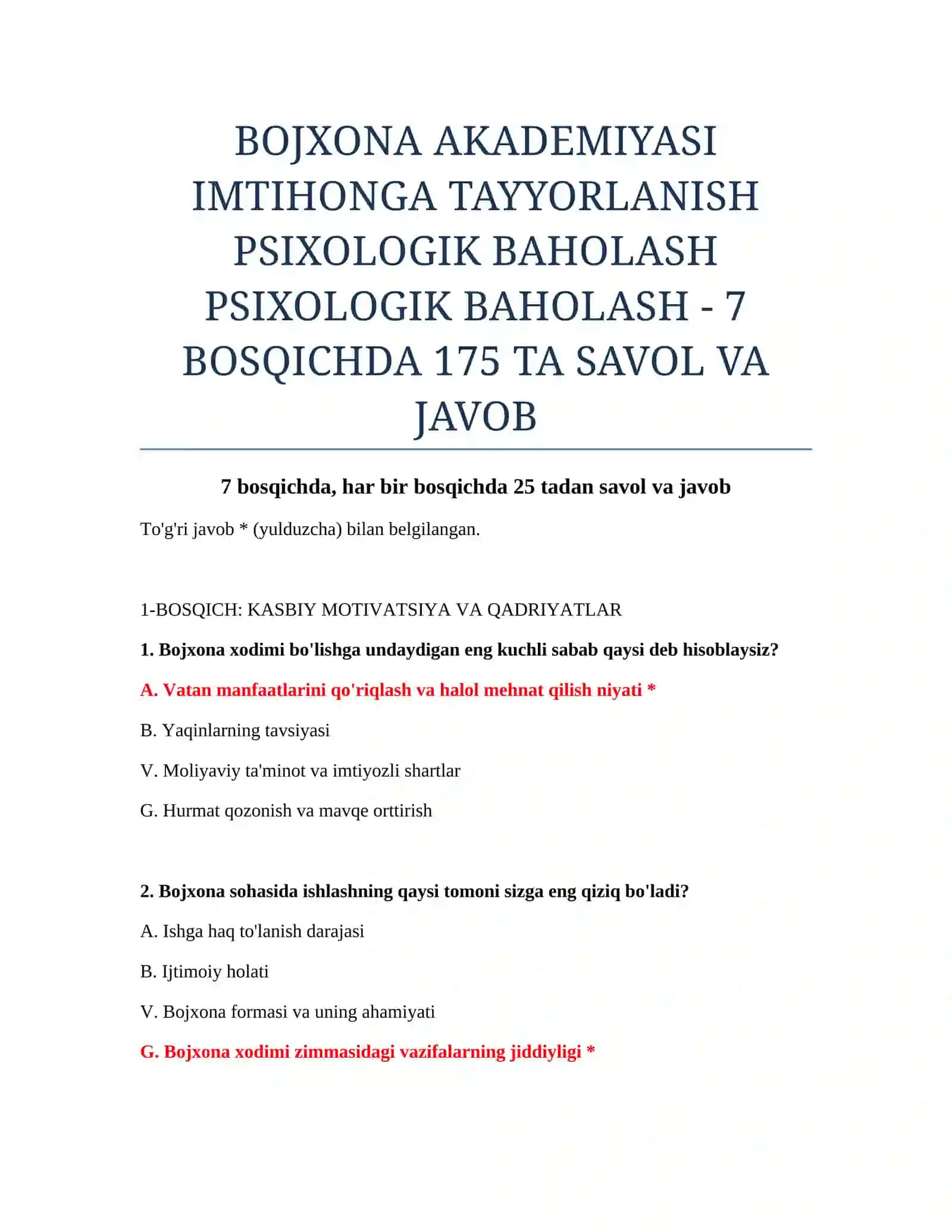 BOJXONA AKADEMIYASI IMTIHONGA TAYYORLANISH PSIXOLOGIK BAHOLASH 2